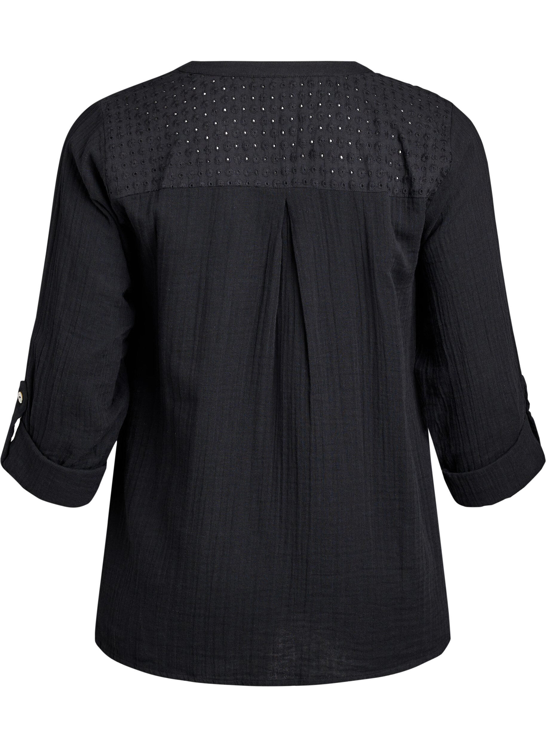 ZizziBluse i bomuldsmusselin med broderi anglaise, Sort, Packshot image number 1