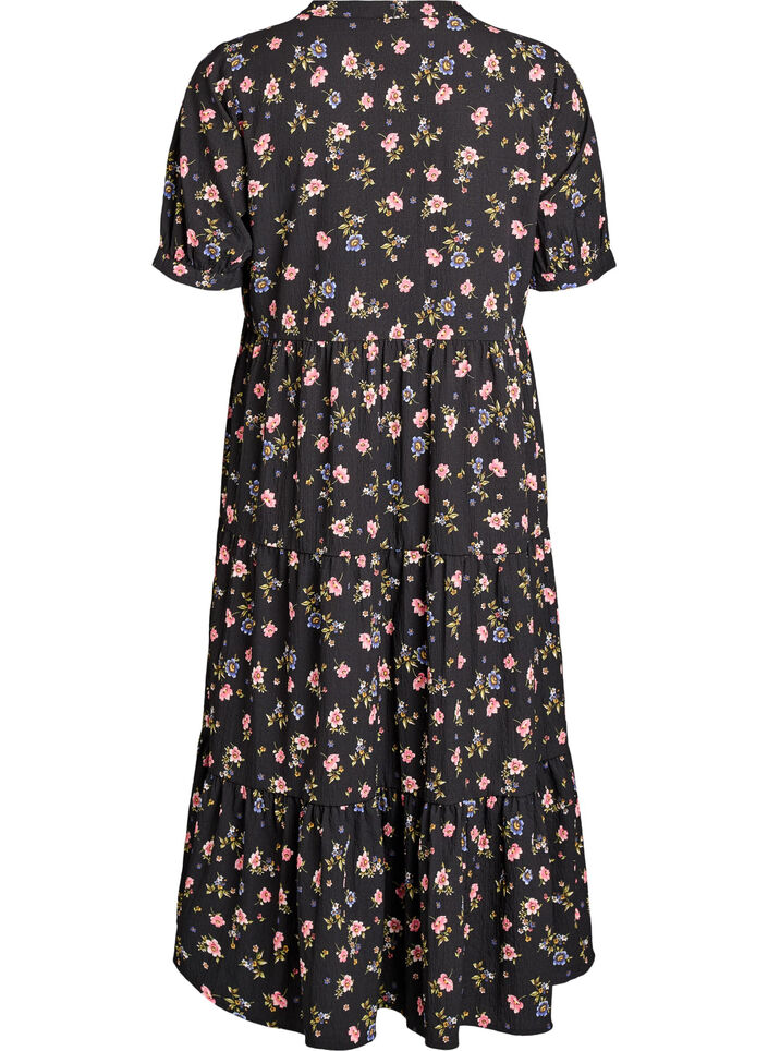 Ankellang kjole med korte &aelig;rmer og volantlag, Sort, Packshot image number 1