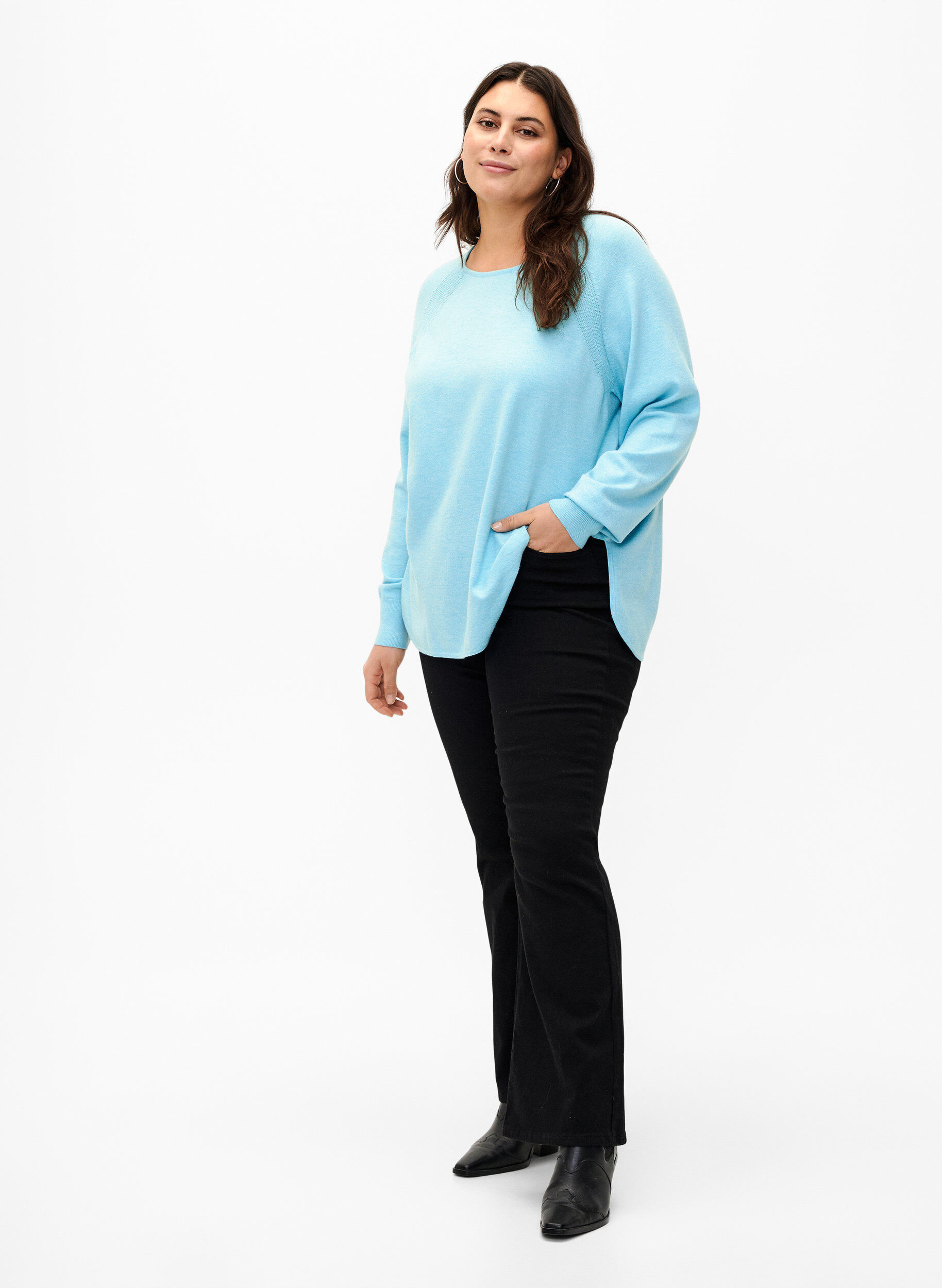 Zizzi Strikbluse med raglan&aelig;rmer, Blue Curacao Mel., Model image number 2