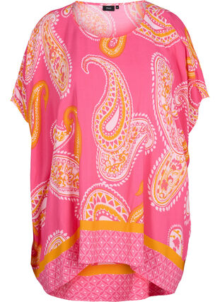 Printet viskose bluse med korte ærmer, Pink Paisley, Packshot image number 0