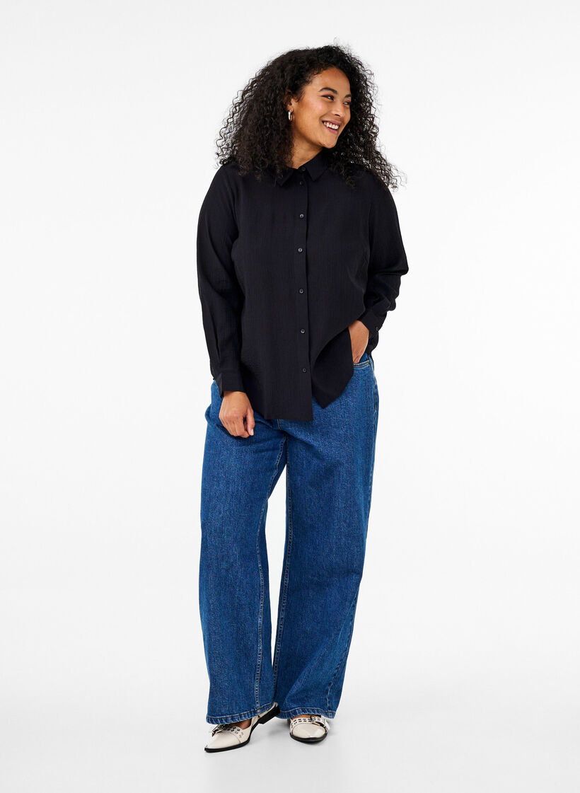 Skjorte med stribet struktur, Sort, Model image number 1