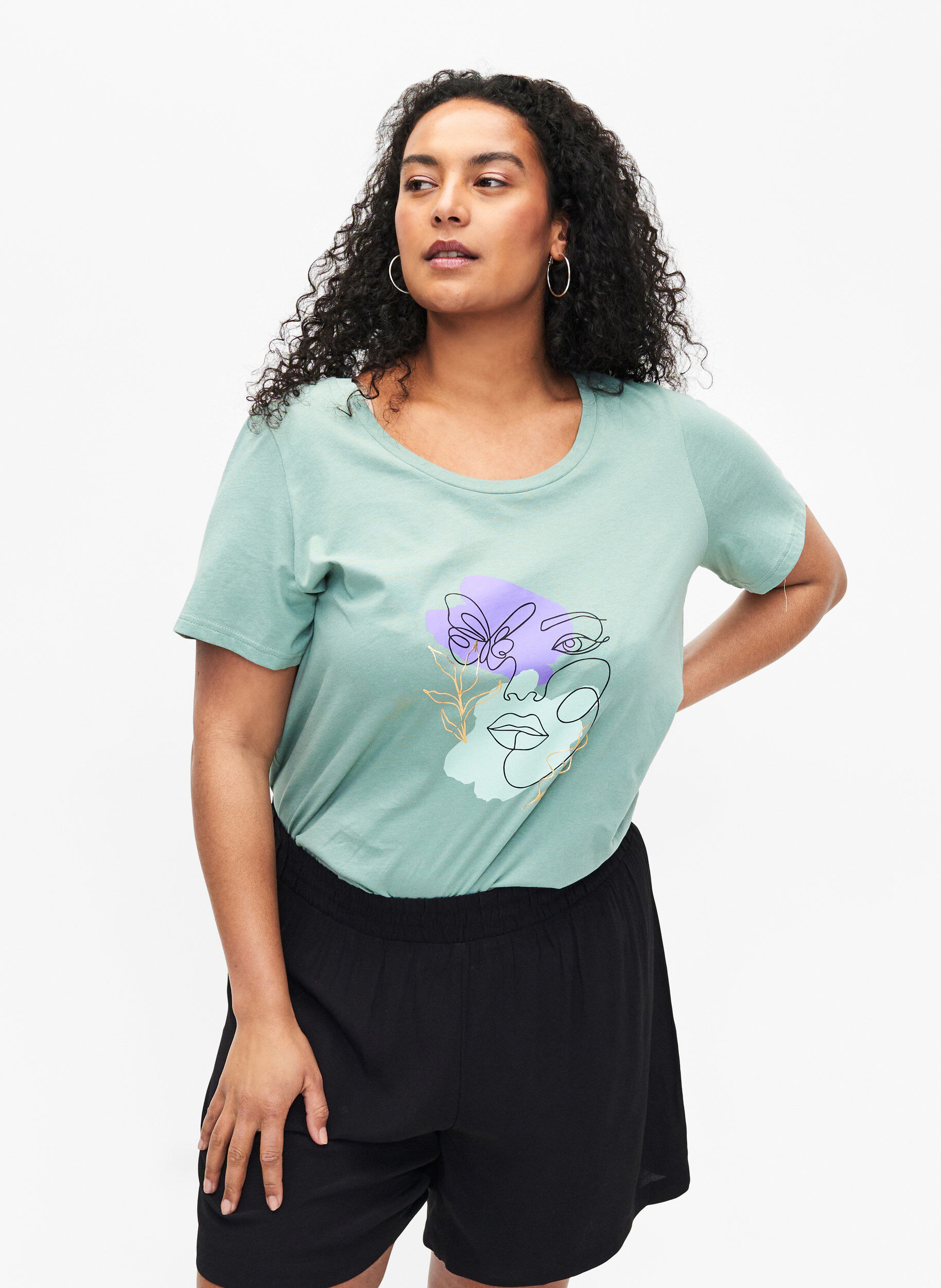 Zizzi Bomulds t-shirt med motiv, Ch. Green w. Face, Model image number 0