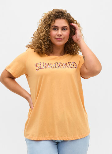 Kortærmet bomulds t-shirt med tryk , Apricot Nectar SUN, Model image number 0