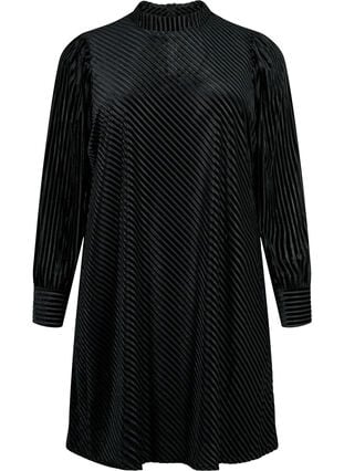 Strukturmønstret kjole i velour, Black, Packshot image number 0