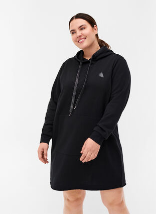 Lang sweatshirt med hætte og stor lomme, Black, Model image number 0