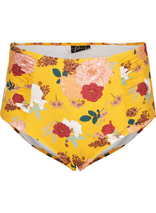 Højtaljet bikini underdel med blomsterprint, Yellow Flower Print, Packshot image number 0