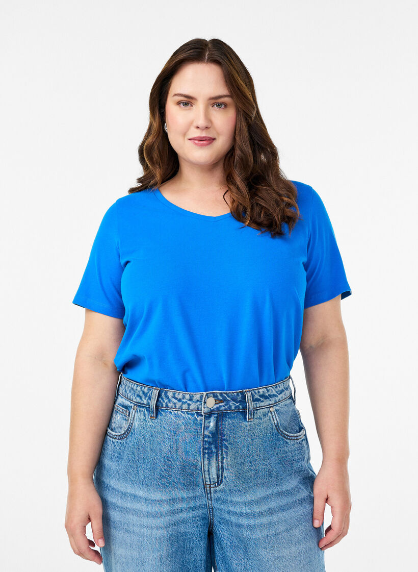 Ensfarvet basis t-shirt i bomuld, Bl&aring;, Model image number 0