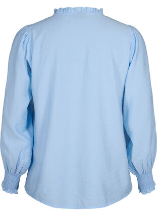 Bluse med flæser og broderi anglaise, Chambray Blue, Packshot image number 1