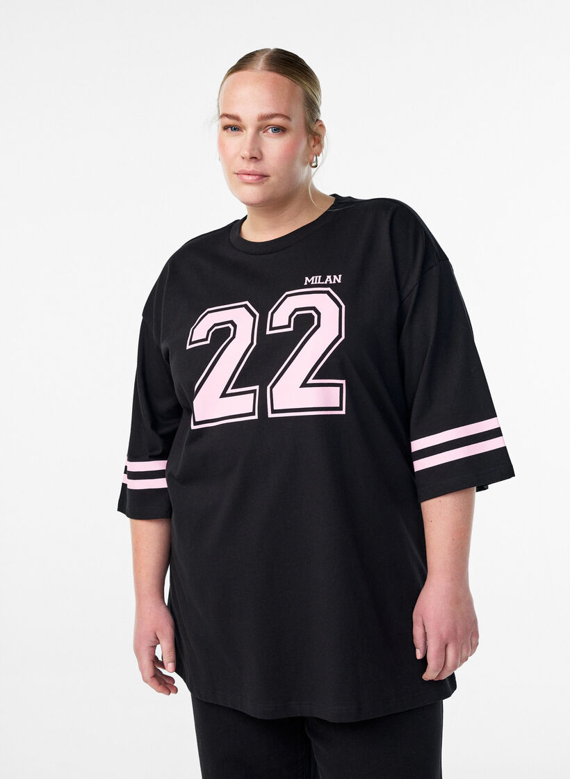Oversize college t-shirt med 3/4 ærmer, Sort, Model image number 0