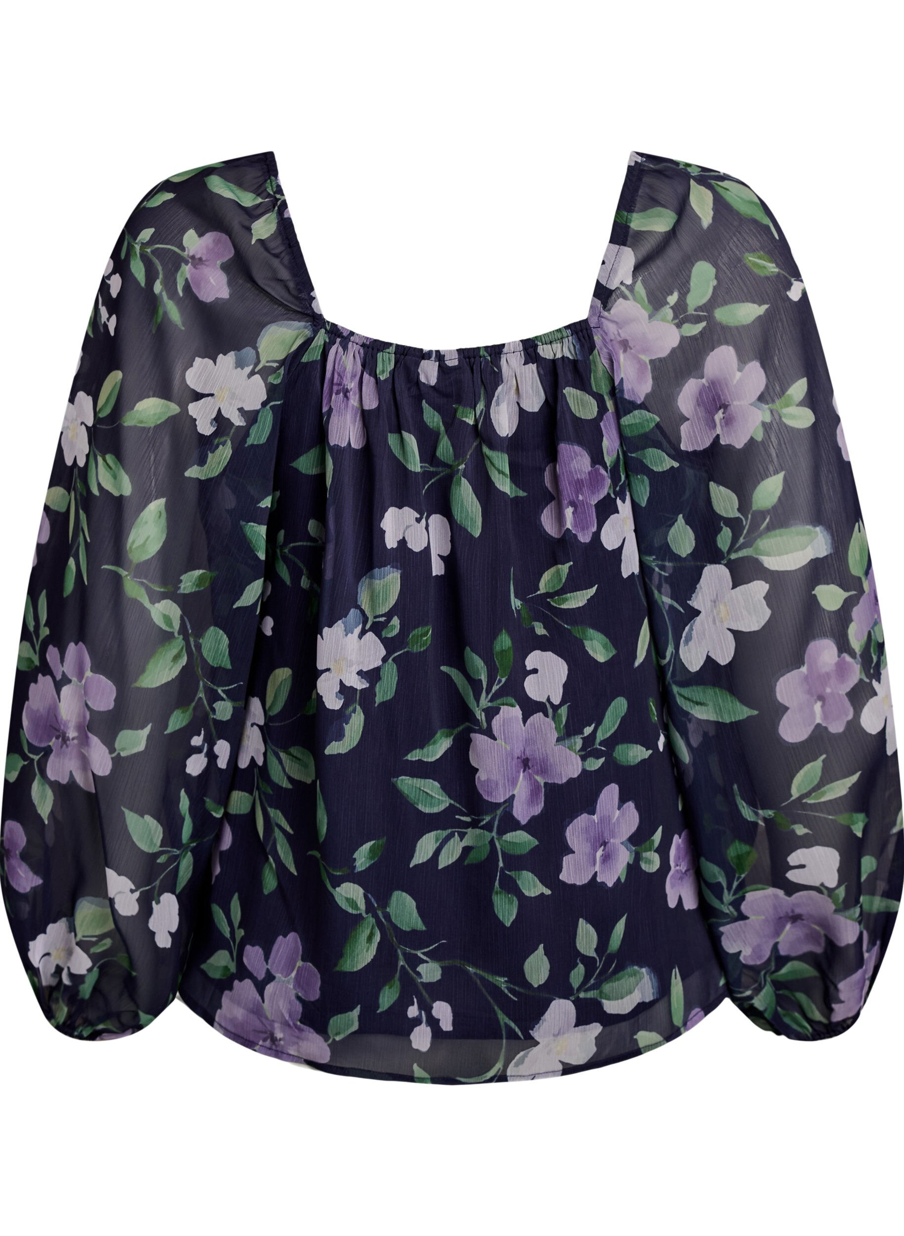 ZizziChiffonbluse med blomster og lange &aelig;rmer , Bl&aring;, Packshot image number 1