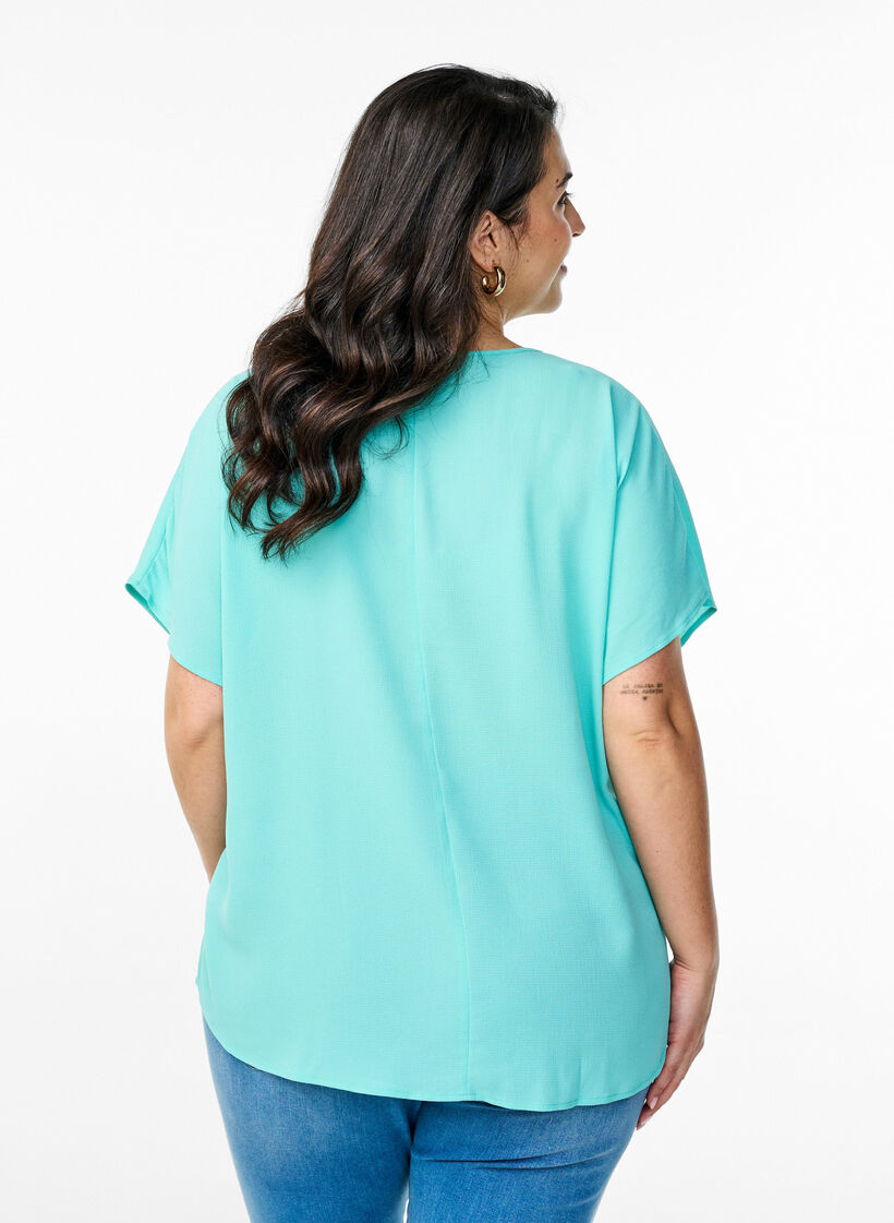Bluse med korte &aelig;rmer og rund halsudsk&aelig;ring, Bl&aring;, Model image number 2