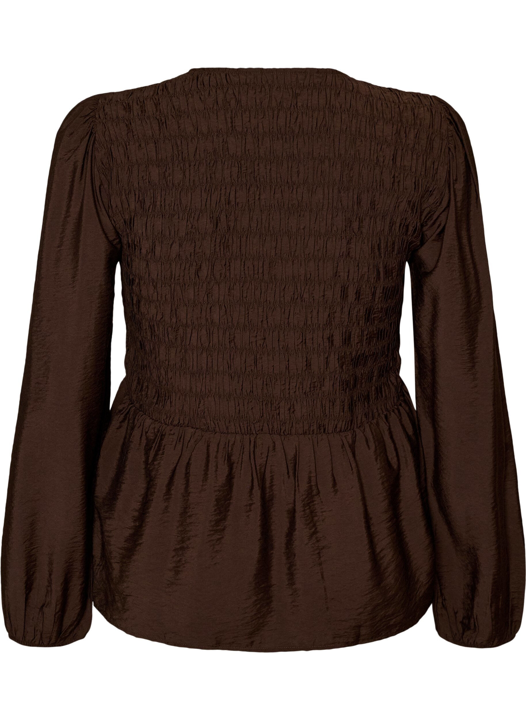 ZizziBluse med smock og lange &aelig;rmer, Brun, Packshot image number 1