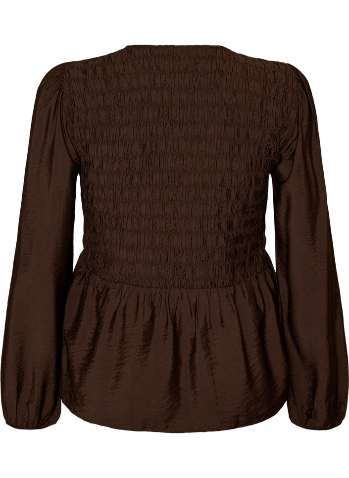 Bluse med smock og lange &aelig;rmer, Brun, Packshot image number 1