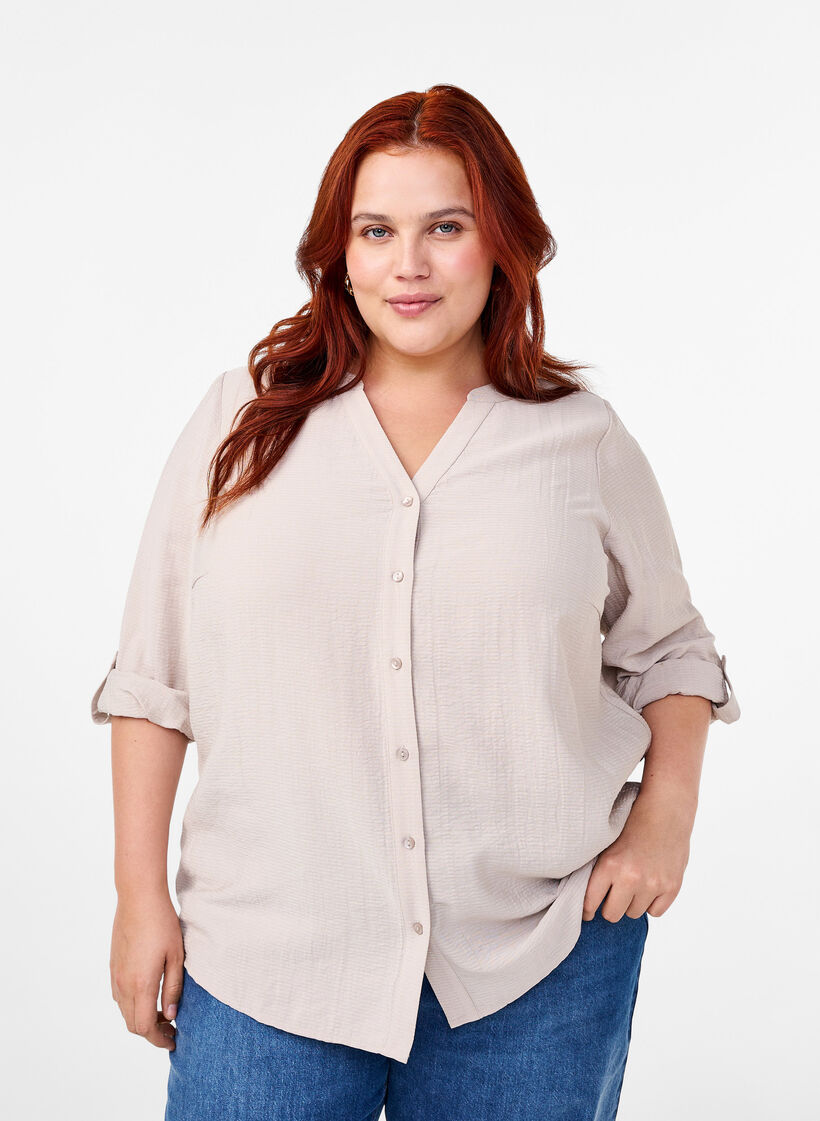 Viskose skjortebluse med 3/4 ærmer, Chateau Gray, Model image number 0