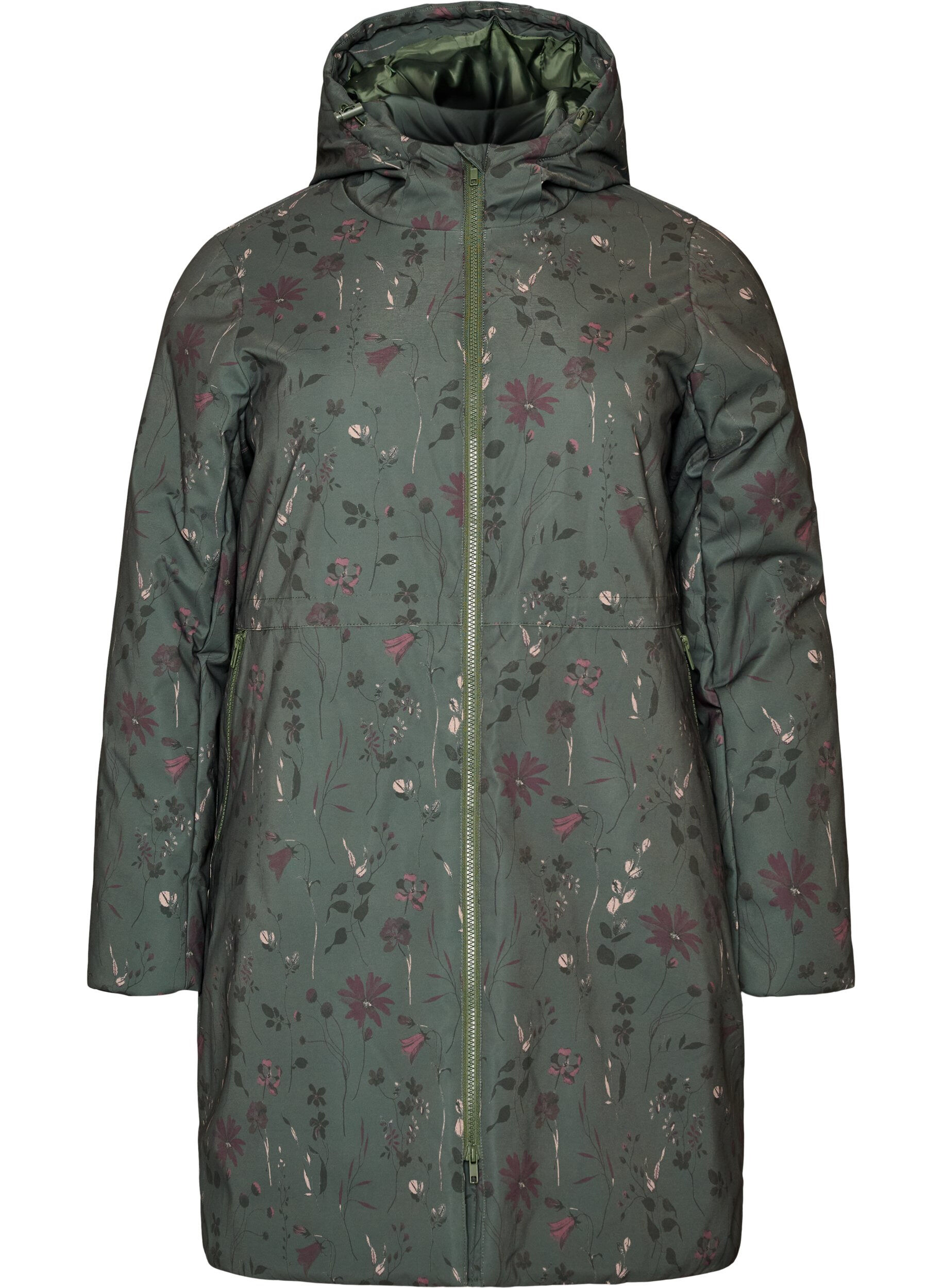 ZizziVatteret vinterjakke med blomsterprint, Gr&oslash;n, Packshot image number 0