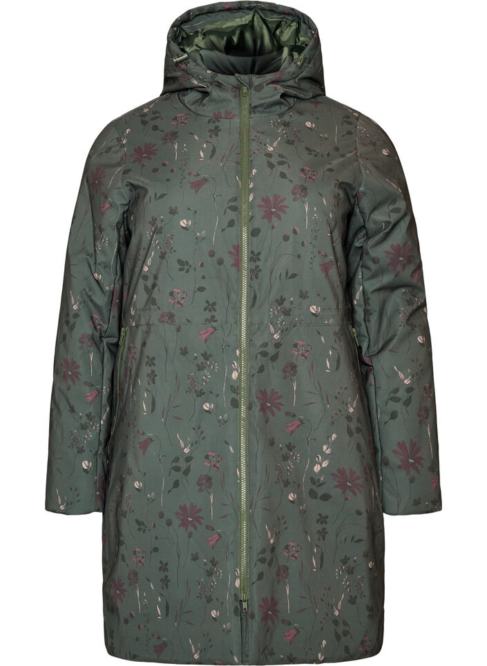 Vatteret vinterjakke med blomsterprint, Gr&oslash;n, Packshot image number 0