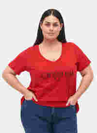Bomulds t-shirt med teksttryk og v-hals, Tango Red ORI, Model