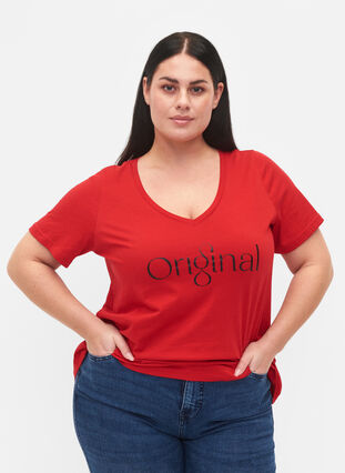 Bomulds t-shirt med teksttryk og v-hals, Tango Red ORI, Model image number 0