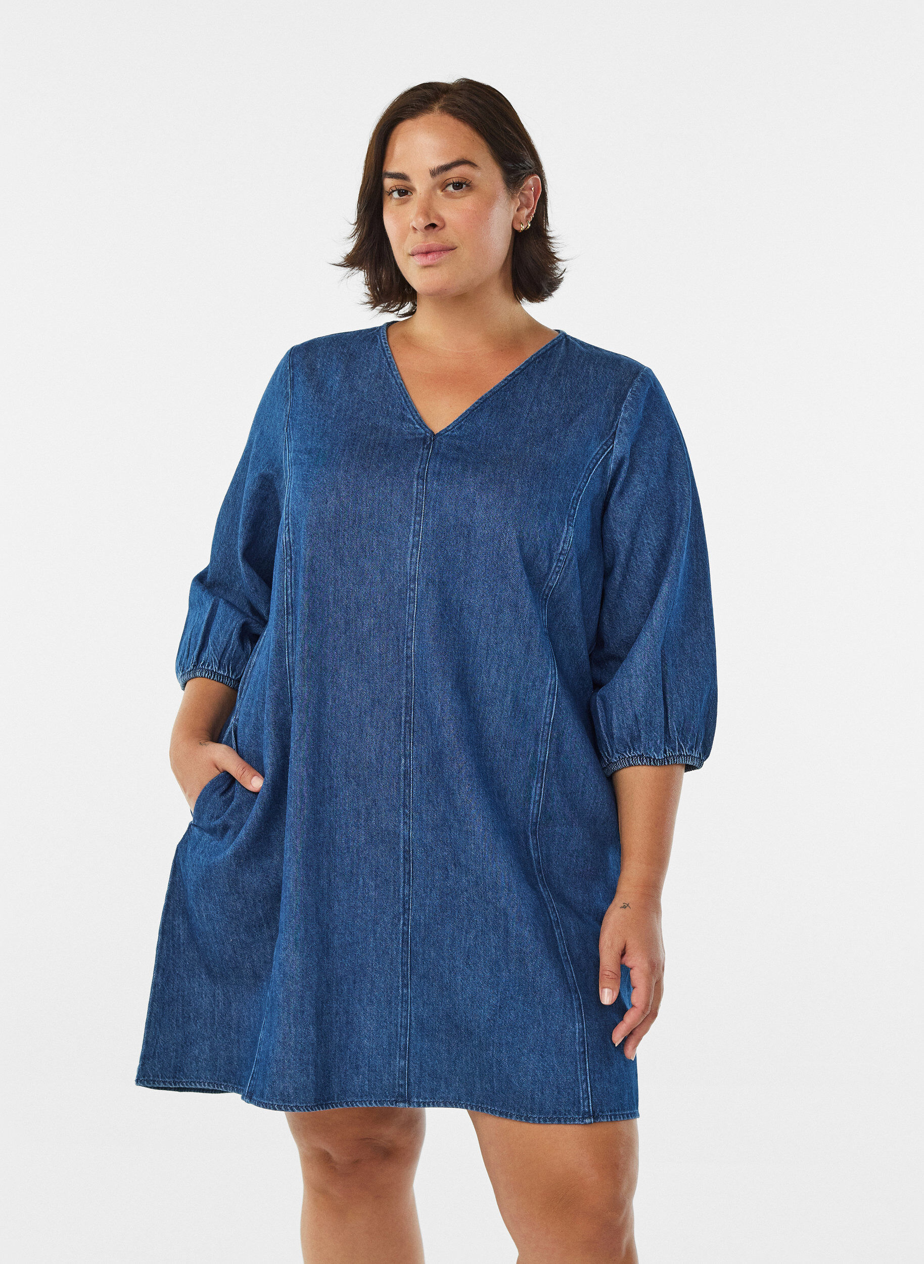 Kort denimkjole med 3/4 &aelig;rmer, Bl&aring;, Model