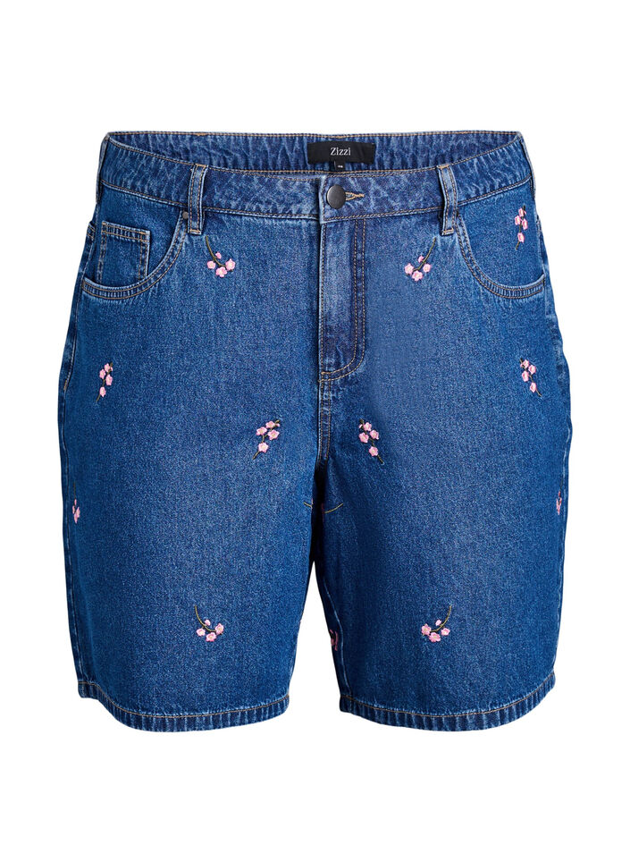 Denim shorts med broderede blomster, Bl&aring;, Packshot image number 0