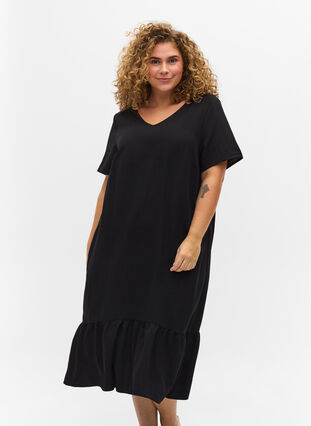 Kortærmet viskose kjole med v-udskæring, Black, Model image number 0