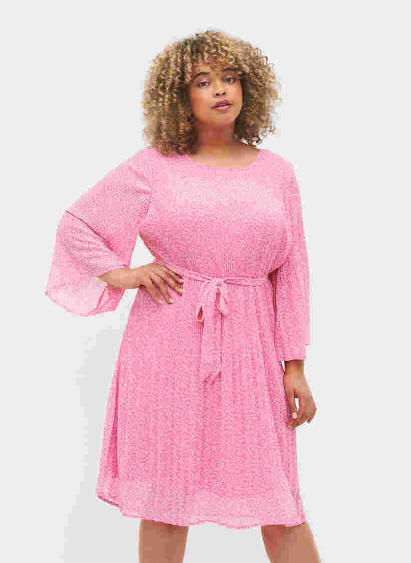 Plissé kjole med bindebånd, Pink Ditzy Flower, Model image number 0