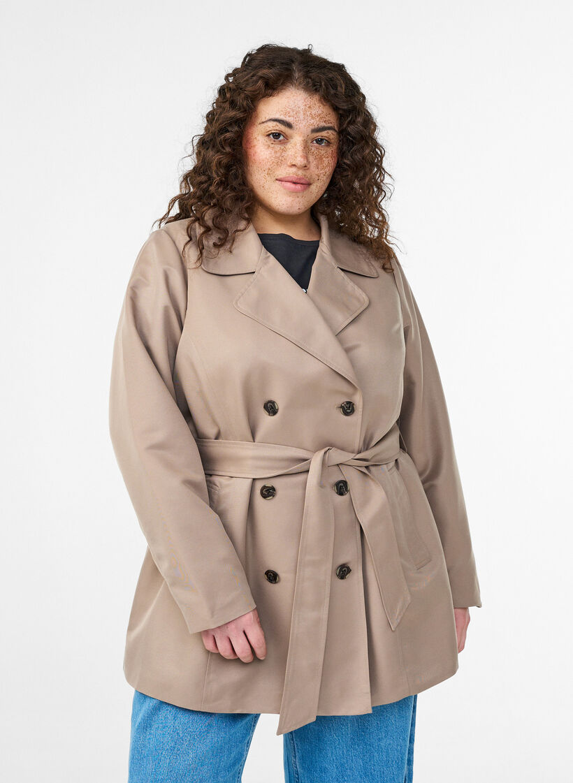 Kort trenchcoat med bælte, Grå, Model image number 0