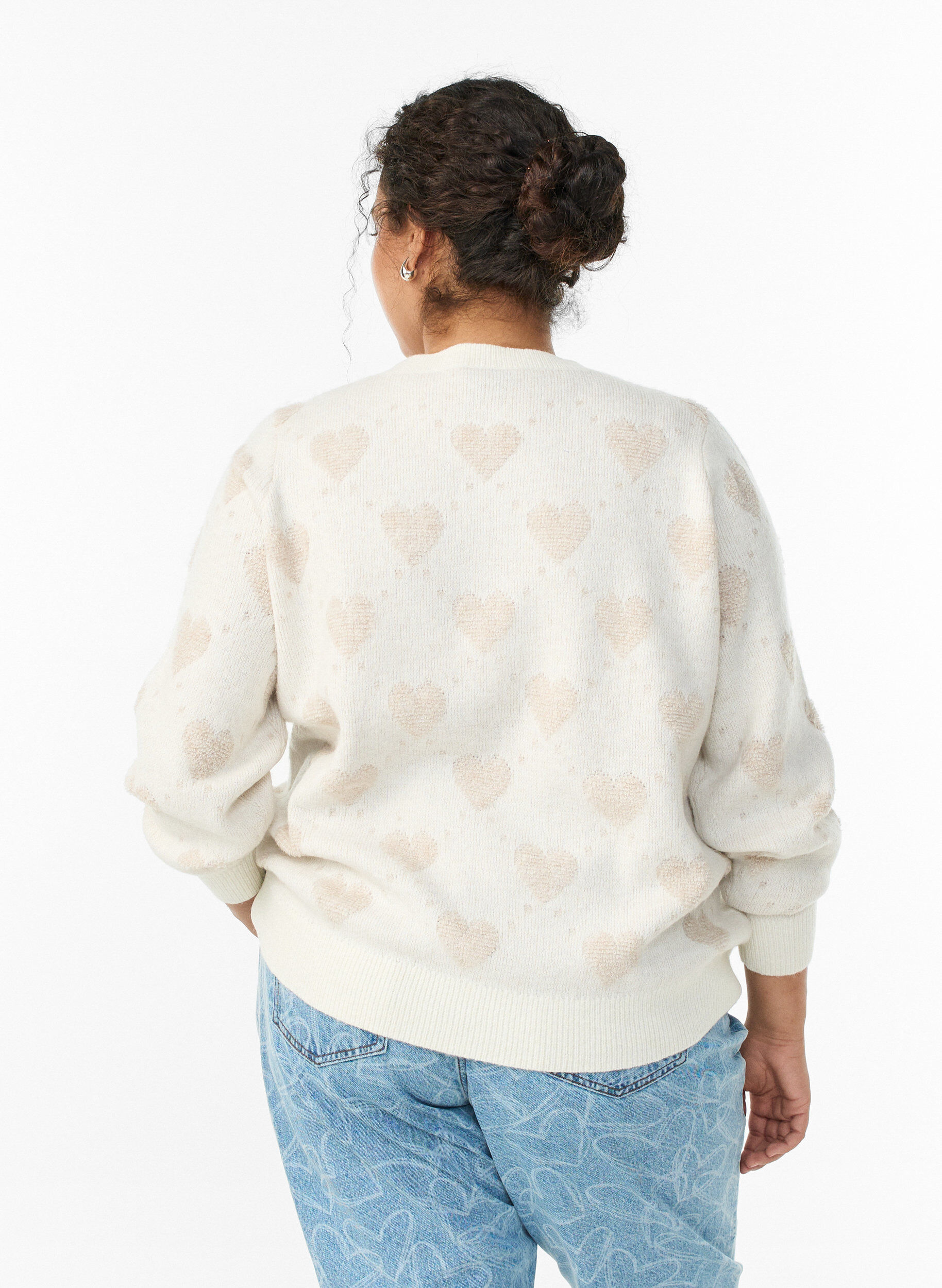 Zizzi Cardigan med hjerter og gyldne knapper, Beige, Model image number 2