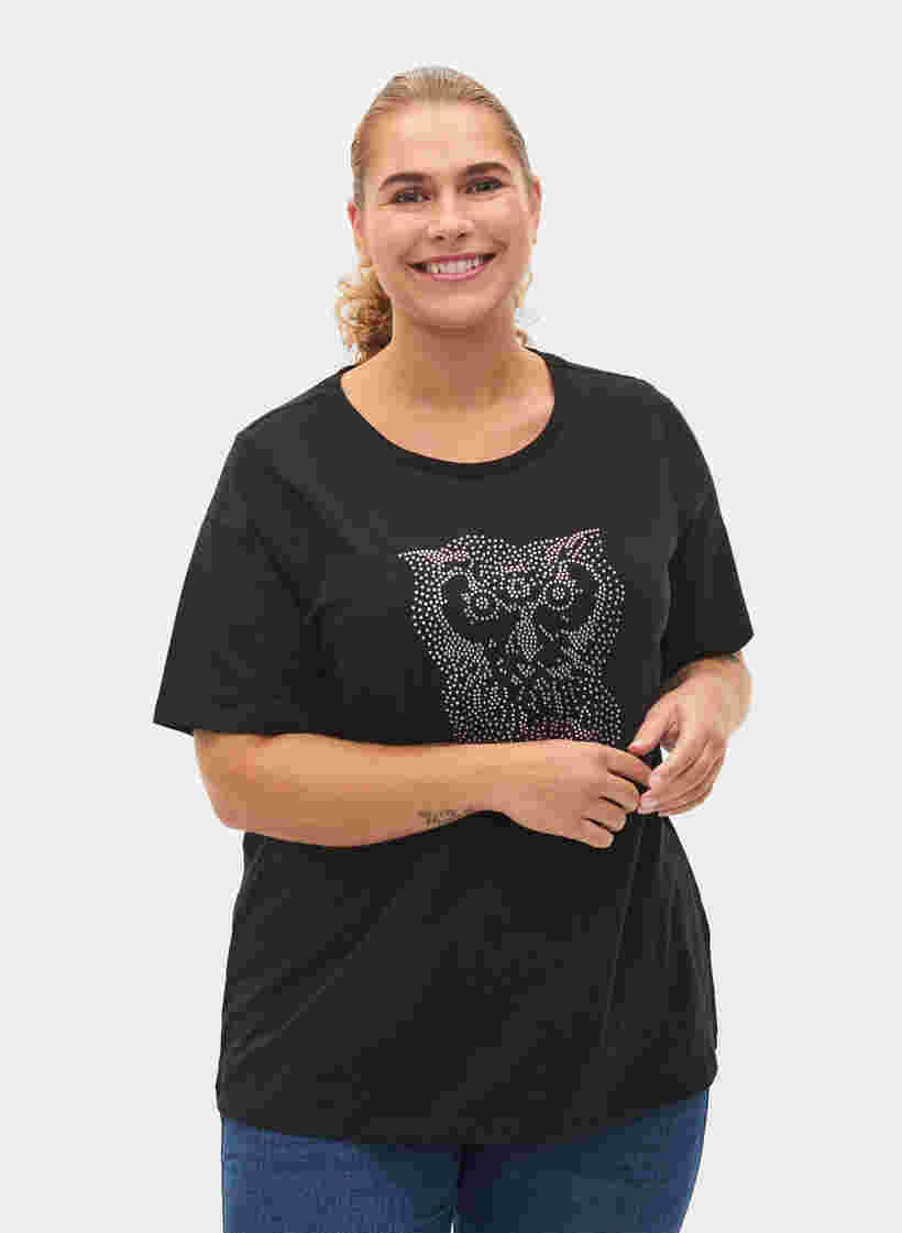 T-shirt med nitter i økologisk bomuld, Black Owl, Model