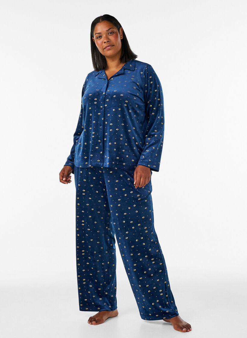 Pyjamasbukser i velour med all-over print, Bl&aring;, Model image number 0