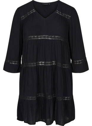 Viskose kjole med a-form og blondebånd, Black, Packshot image number 0