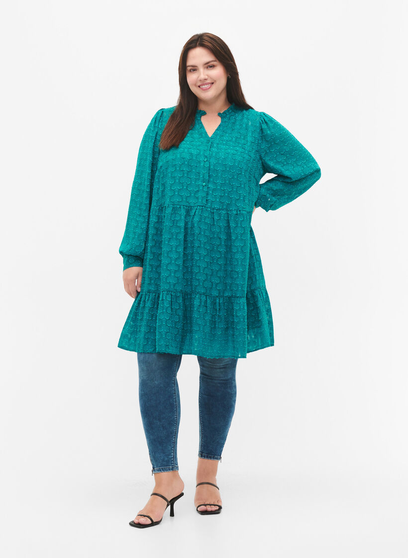 Jacquard kjole med flæsekrave, Deep Lake, Model image number 2