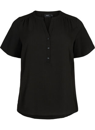 Bluse med korte ærmer og v-udskæring , Black, Packshot image number 0