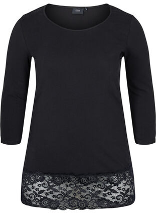 Bomulds bluse med blonder og 3/4 ærmer, Black, Packshot image number 0