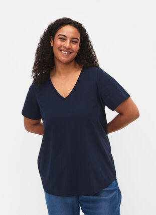 Kortærmet t-shirt med v-udskæring - Blå - Str. 42-60 - Zizzi