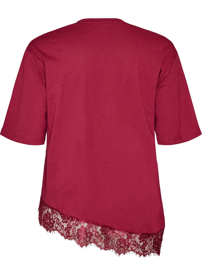 T-shirt med asymmetrisk blondekant, R&oslash;d, Packshot image number 1