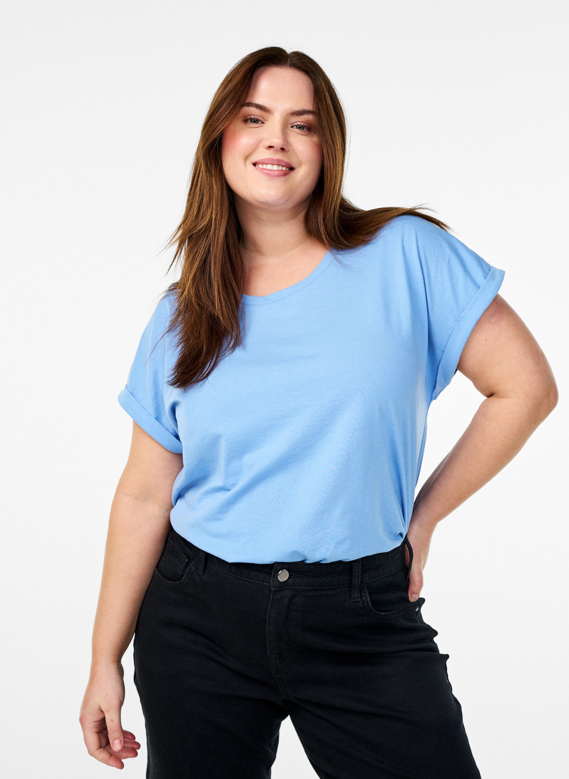 Zizzi2-pak kort&aelig;rmet t-shirts, Bl&aring;, Model image number 0