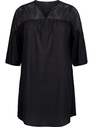 Kjole i bomuldsmix med hør og crochetdetalje, Black, Packshot image number 0