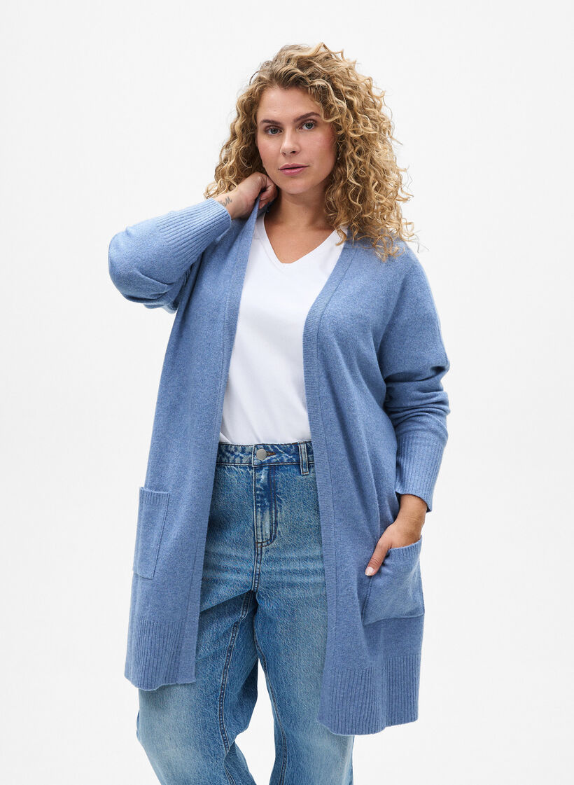 Meleret strik cardigan med lommer, Bl&aring;, Model image number 0
