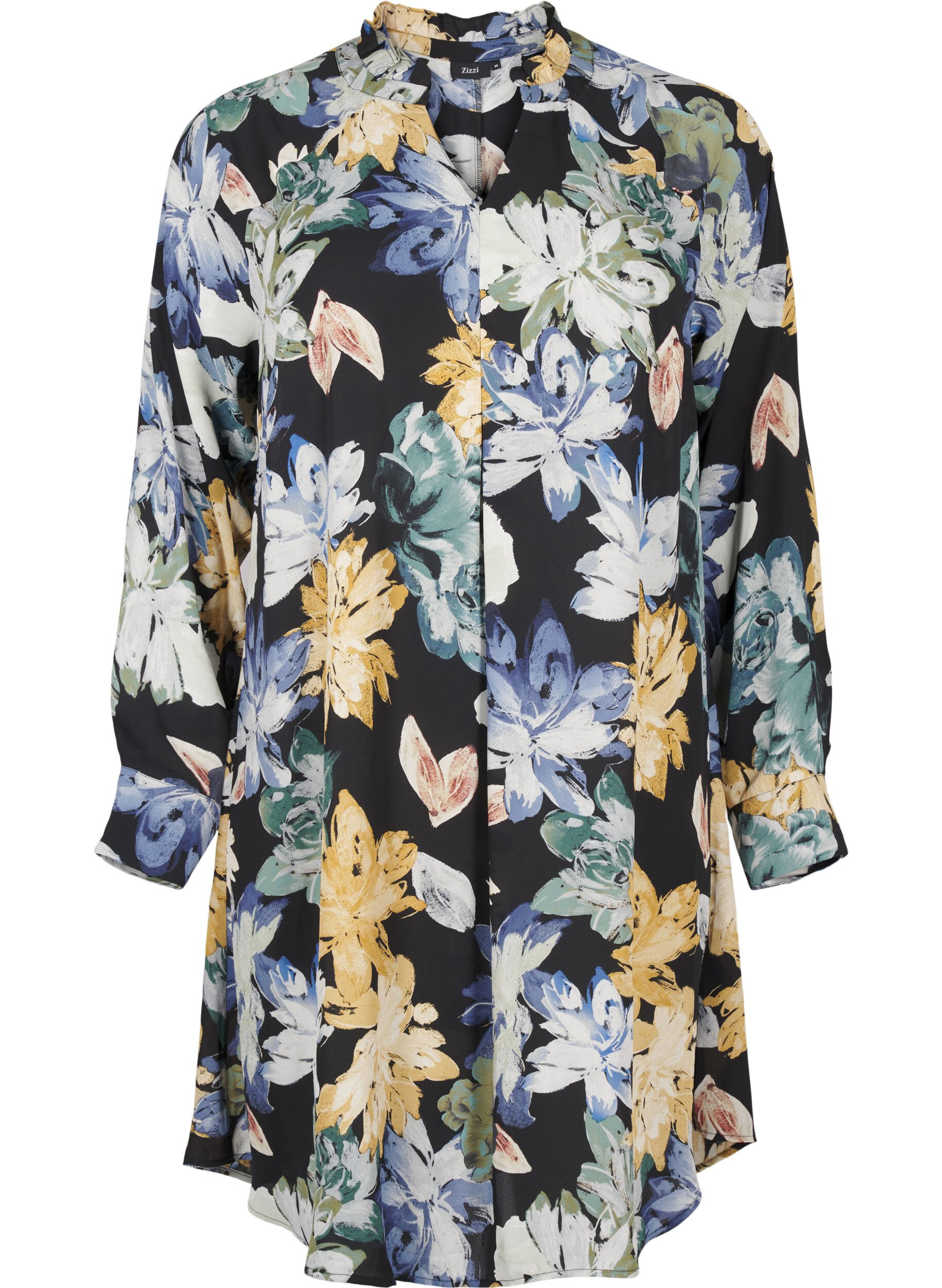 Zizzi Lang&aelig;rmet kjole med blomsterprint, Yellow Flower AOP, Packshot image number 0