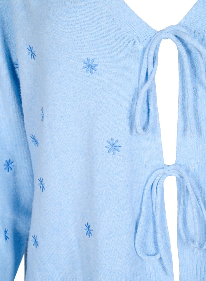 Strikket cardigan med bindedetaljer og broderi, Cashmere Blue Comb, Packshot image number 2