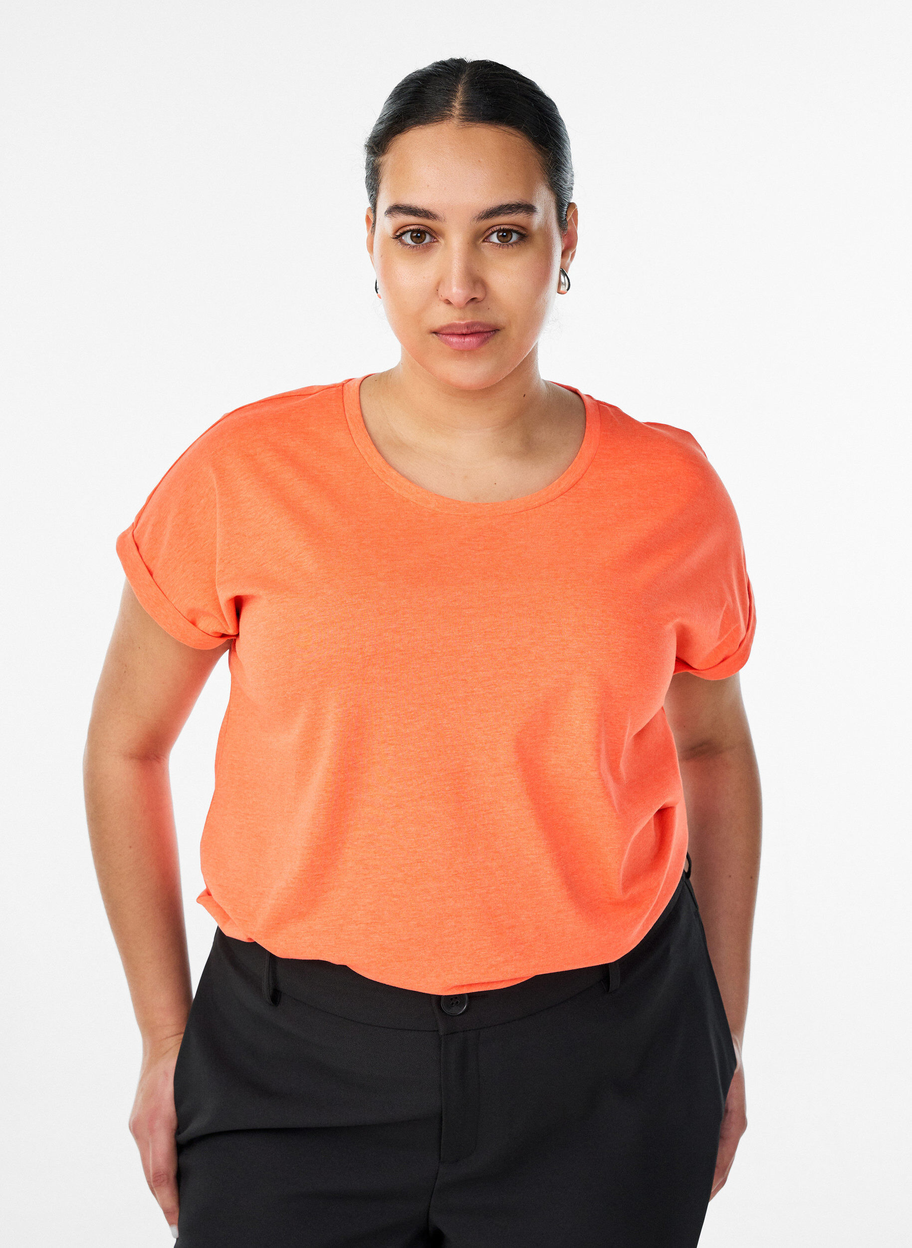 Zizzi Neonfarvet t-shirt i bomuld, Orange, Model image number 0