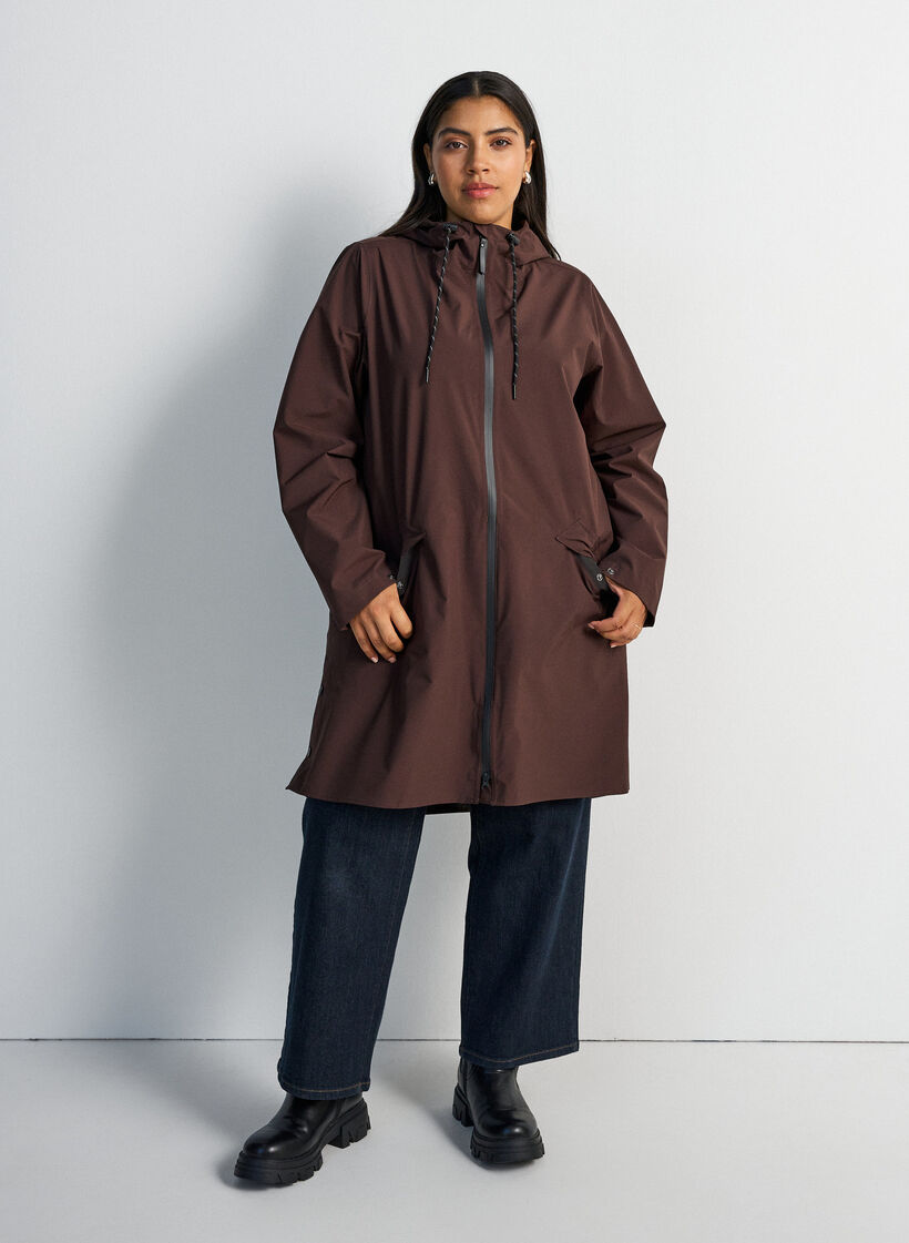 Regnjakke med lommer og h&aelig;tte, Brun, Model image number 1