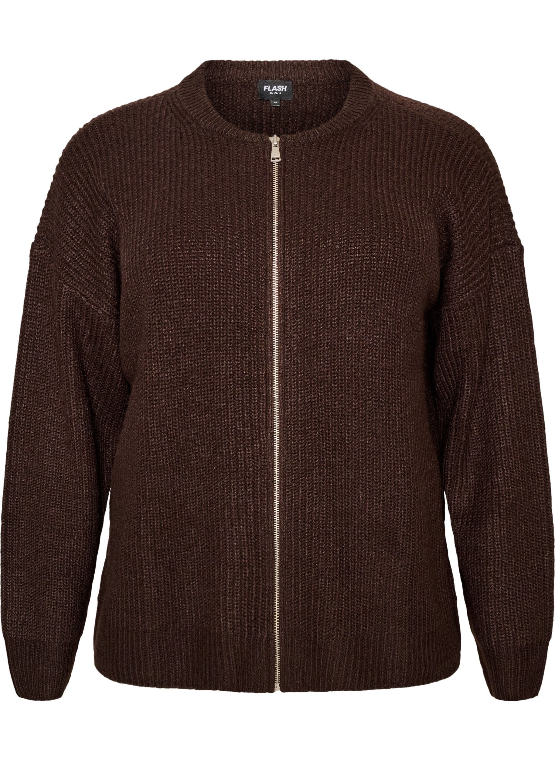 ZizziStrik cardigan med lynl&aring;s, Brun, Packshot image number 0