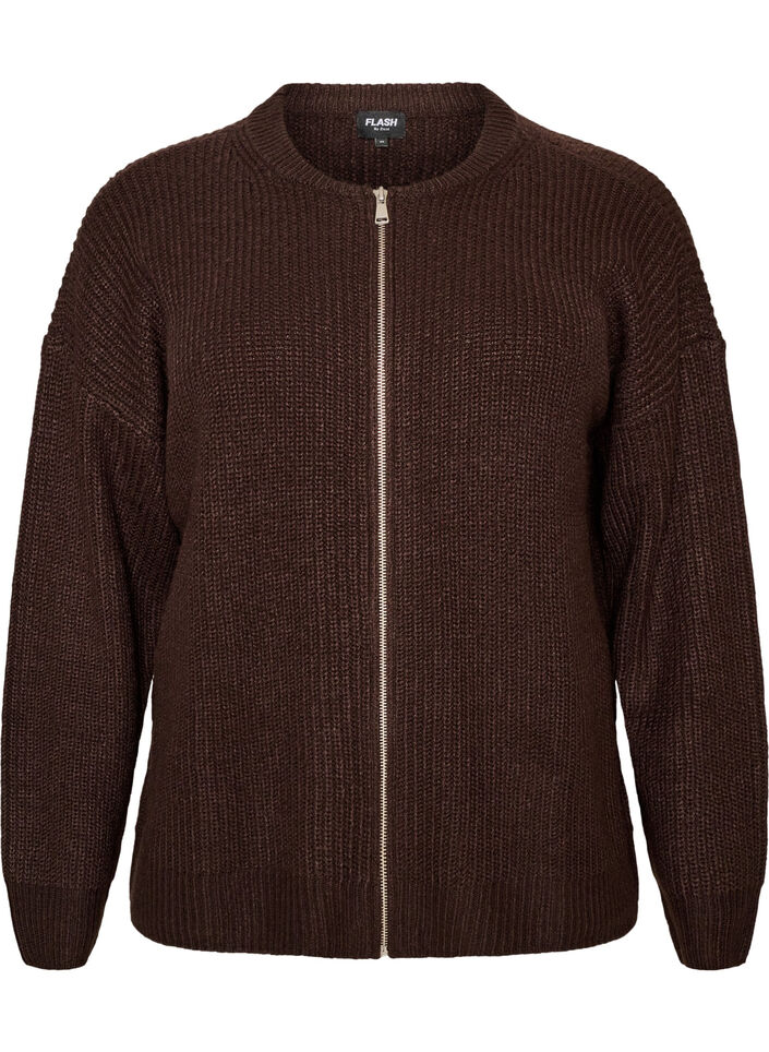Strik cardigan med lynl&aring;s, Brun, Packshot image number 0