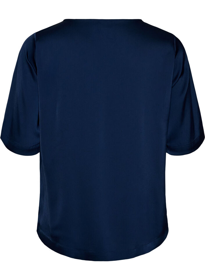 Satinbluse med albuelange &aelig;rmer, Bl&aring;, Packshot image number 1