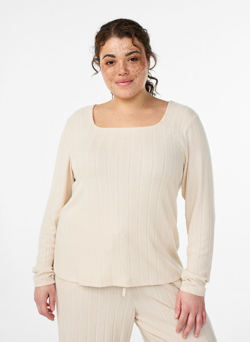 Jerseybluse med firkantet hals og ribstruktur, Beige, Model image number 0
