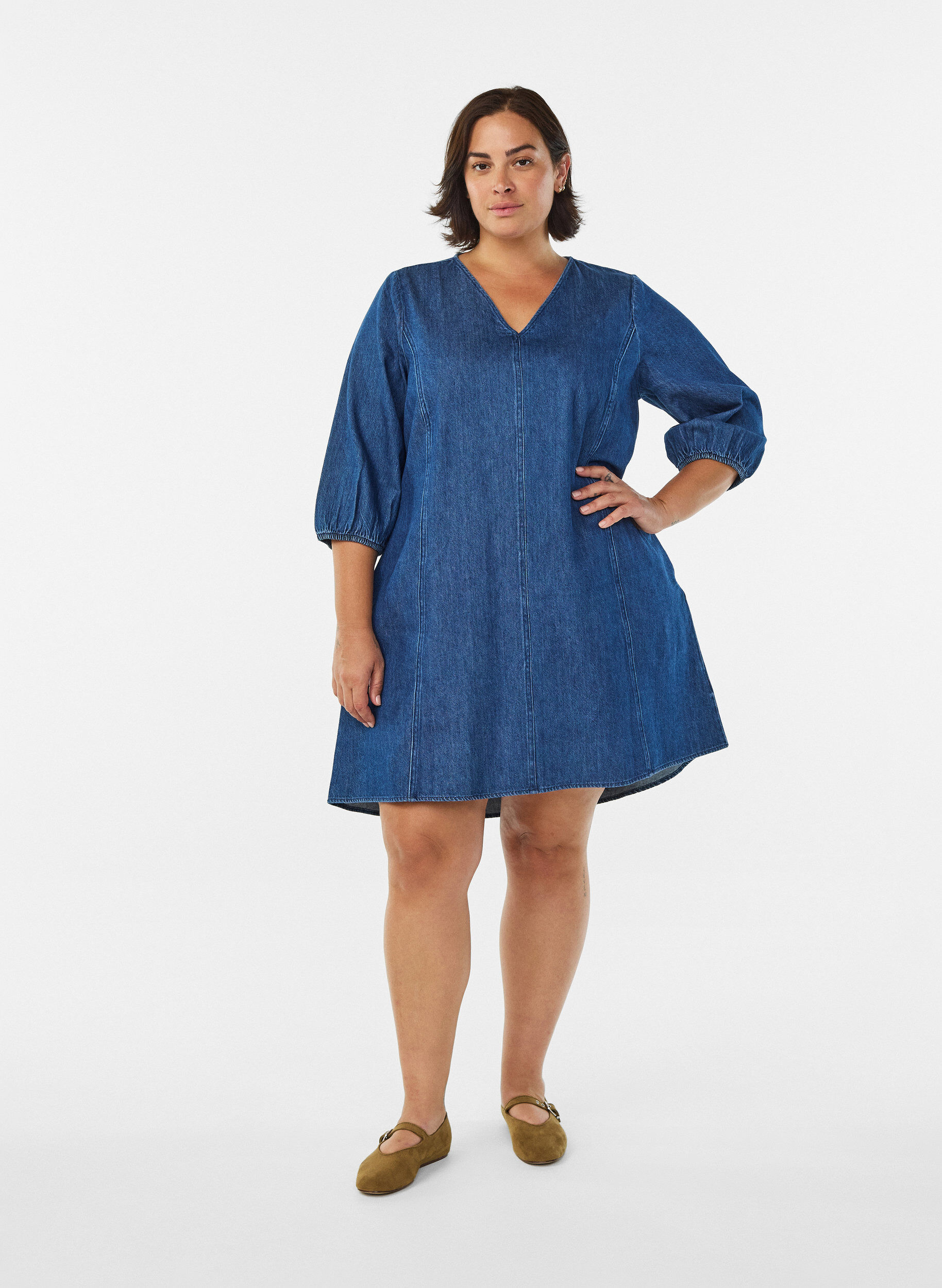 ZizziKort denimkjole med 3/4 &aelig;rmer, Bl&aring;, Model image number 1