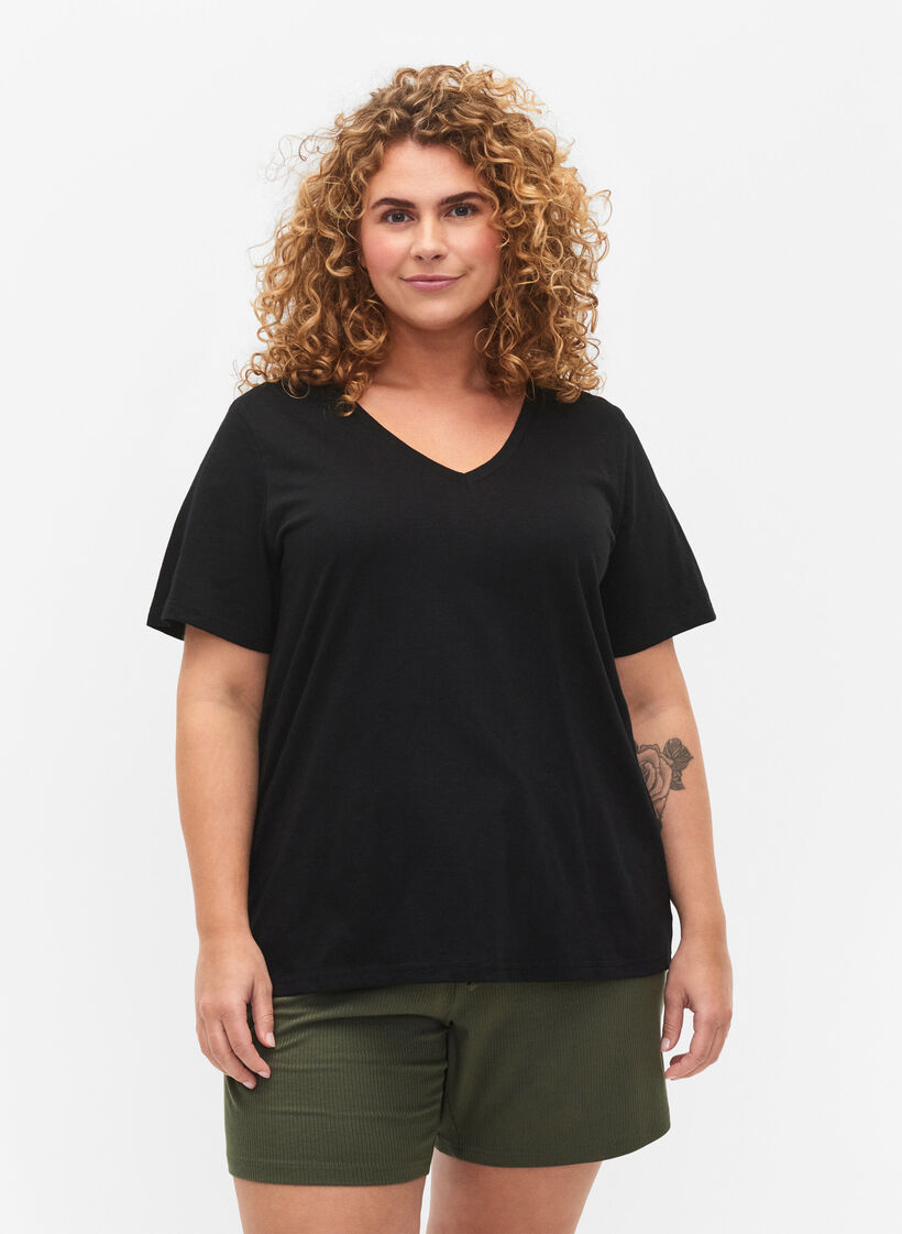 Kort&aelig;rmet basis t-shirt med v-hals, Sort, Model image number 0