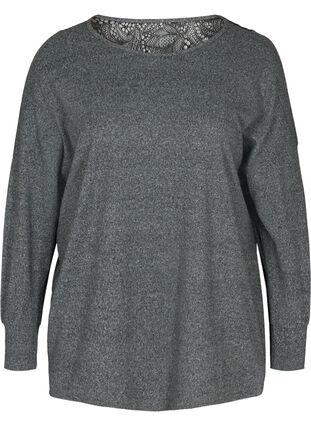 Meleret bluse med blonderyg , Dark Grey Melange, Packshot image number 0